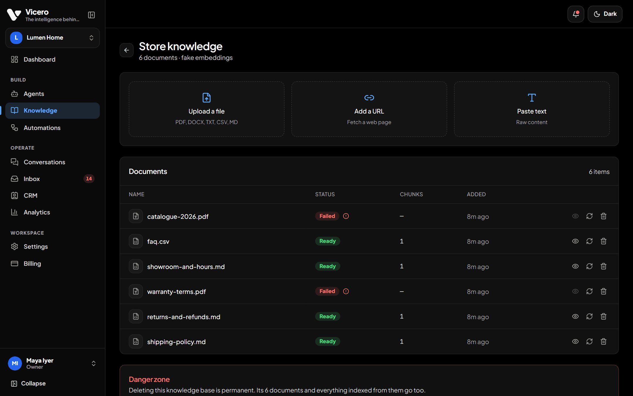 A knowledge base with its documents and their status