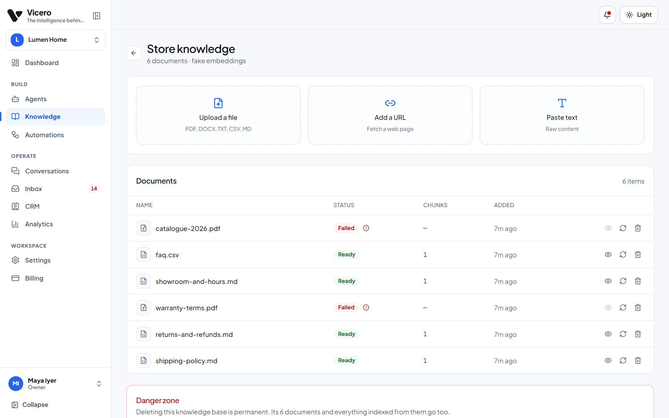 A knowledge base with its documents and their status