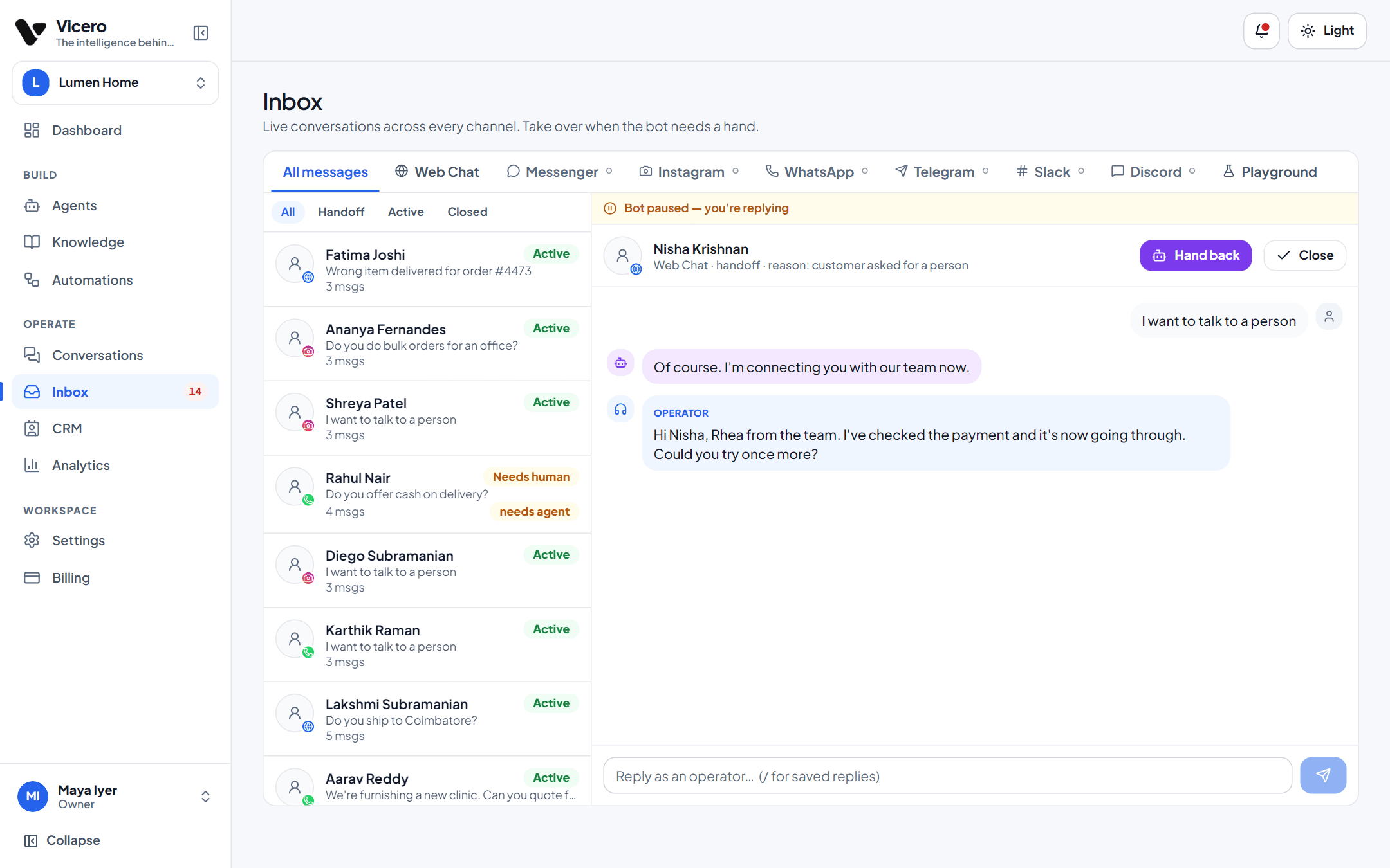 Inbox: a customer asks about delivery, the agent answers, and a person from the team takes over